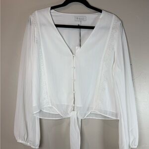 Wayf White Tie-Front V-Neck Sheer Blouse